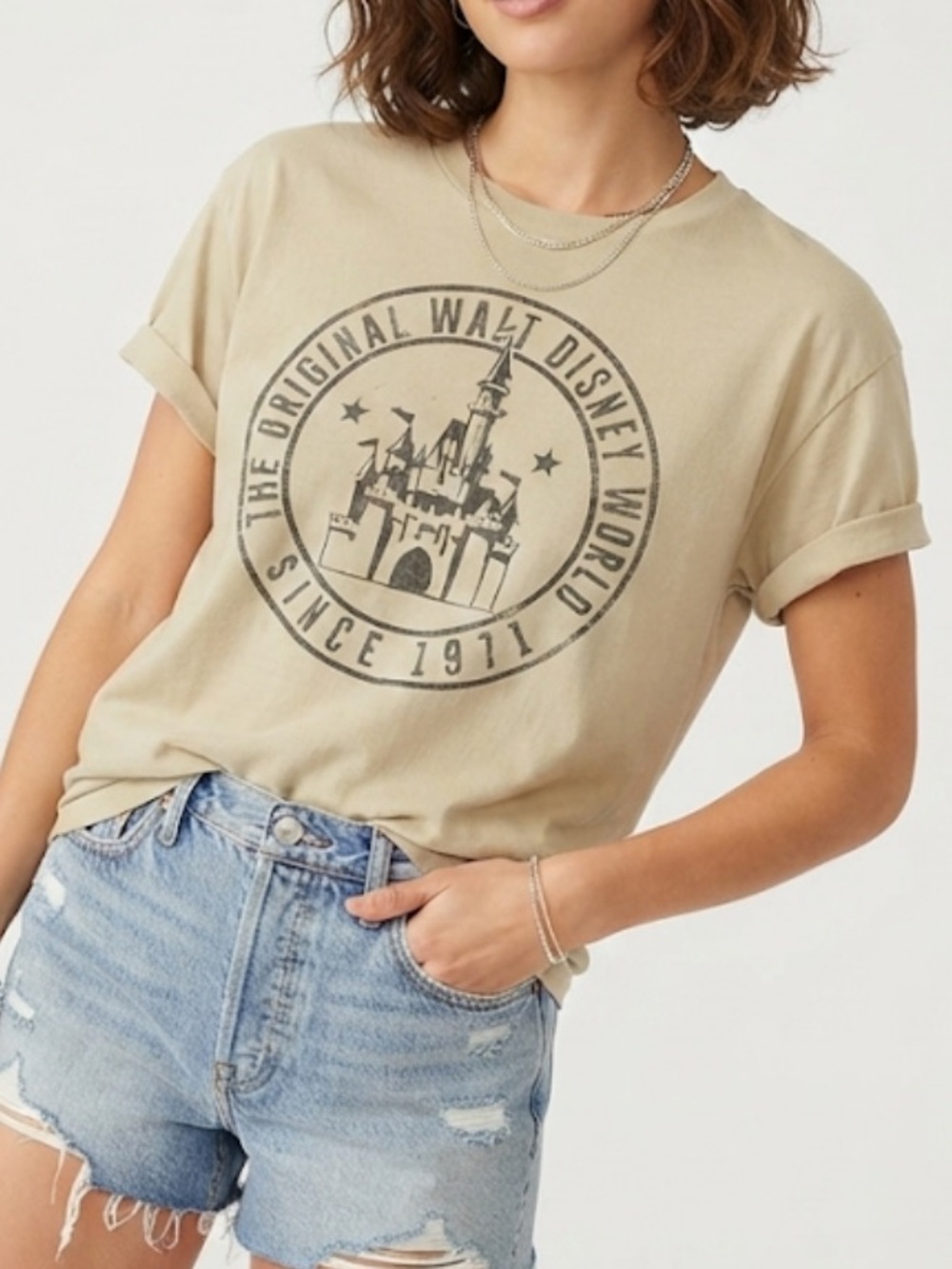 Disney Tan Short Sleeve Graphic Tee - Castle Emblem Women’s Size Medium